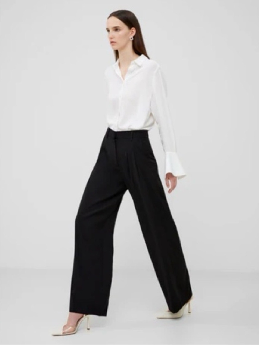 French Connection Black Wide Leg Pleated Dress Pant Trousers High Rise Sz Large